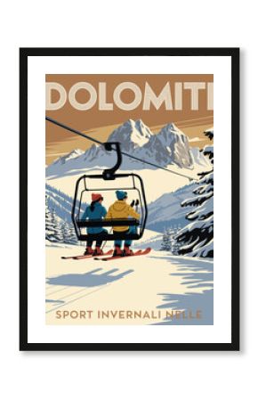 Vintage travel poster of Italy’s Val Gardena ski resort showing snowy Dolomite summits, evergreen woods, alpine lodge architecture, joyful skiers on powder slopes, crisp winter wonderland in retro gra