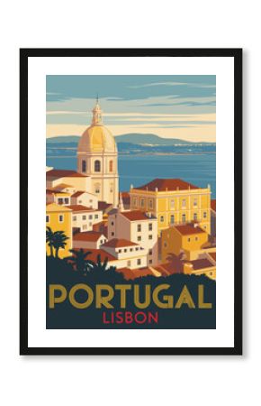 Travel Poster of Lisbon, Portugal Featuring Cityscape Landmark Overlooking Sea at Sunset, Vintage Vector Illustration with Classic Typography Evoking Nostalgic Coastal Charm.