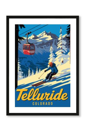 Travel Poster of Telluride Ski Resort, American Winter Landscape Illustrated in Vintage Style, Featuring Snow‑capped Peaks, Skier Silhouette, Classic Typography, Evoking Nostalgic Mountain Adventure.