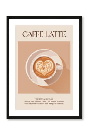 Coffee image. Modern kitchen decor. Caffe latte with milk. Minimalist coffee art. Minimalist retro posters with drink. Colorful trendy print. Vector illustration