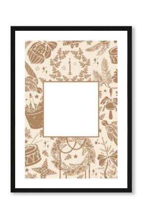Rectangular Christmas card template with square frame. Background with Christmas vintage toys and decor. Ready-made design for winter postcard, poster, banner, invitation. Holiday vector retro