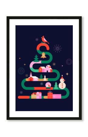 Merry Christmas and Happy New Year 2026 template. Christmas tree in modern minimalist geometric style.