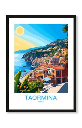 Taormina Italy Poster Illustration Travel Print Decor Gift Paper Canvas Wall Retro Art