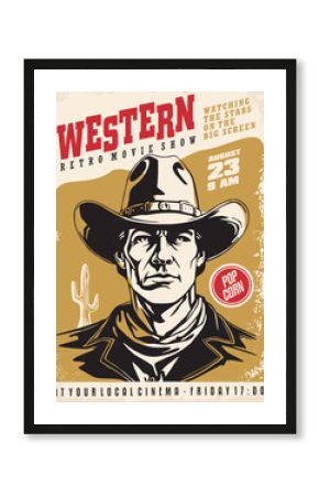 Cowboy graphic retro poster design for cinema event. Western movies festival vintage flyer concept with gunman portrait on golden background. Vector illustration.