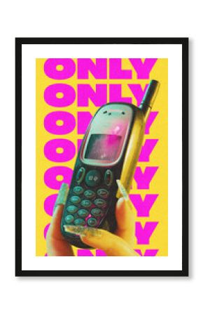Poster. Contemporary art collage. Only retro calls. Hand with long, glittery nails holds vintage flip phone against vibrant yellow background. Concept of nostalgia, retro, pop art, 90s. Y2k style.
