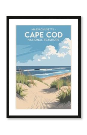 Vintage Travel Poster of Cape Cod National Seashore: Iconic Scenic Dunes and Serene Ocean Waves Captured in Retro Art Style for Travel Enthusiasts.