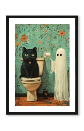 A black cat sits on a toilet while a ghost holds out a roll of toilet paper.