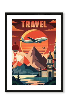 AI Generated retro-style travel poster featuring landmarks, a setting sun, and airplane in earthy tones and bold typography