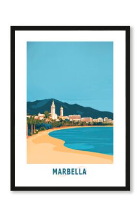 Marbella, Spain illustrated poster in retro style. Vintage travel booklet, postcard, print, cover with scenic coastline
