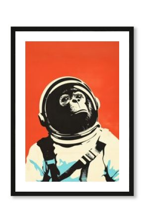 Vintage poster featuring an astronaut monkey in retro style with bold colors and an intriguing expression, capturing the spirit of space exploration from the mid-20th century