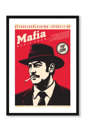 Mafia movies retro cinema poster design. Vintage vector illustration with mafia member graphic. Entertainment and film industry flyer.