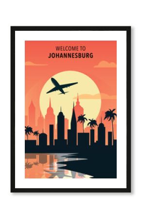 Welcome to Johannesburg, South Africa. Retro city poster with abstract shapes of skyline, buildings, plane flying over shore. Vintage summer travel vector illustration
