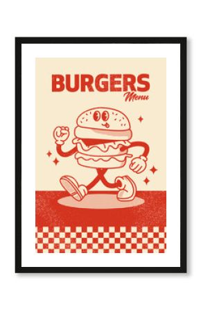 Red Burger Menu Poster. Vector Illustration of Retro Cartoon Happy Concept. Street Food.
