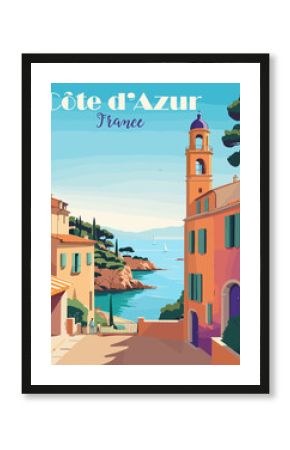 Cote d'Azur, France Travel Destination Poster in retro style. French Riviera vintage colorful print. European summer vacation, holidays concept. Vector art illustration.