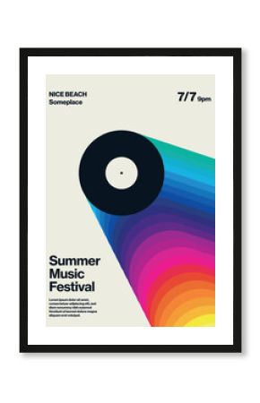 Retro Summer Music Festival Party Poster Template with Vinyl and Rainbow. Promotional Event Flyer or Leaflet. Eps10 printable vector.