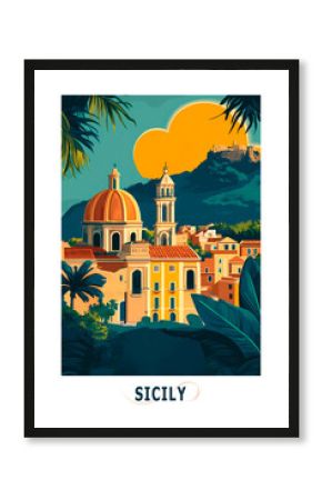 Sicily region, Italy illustrated poster in retro style. Vintage travel booklet, postcard, print, cover with scenic coastline, townscape