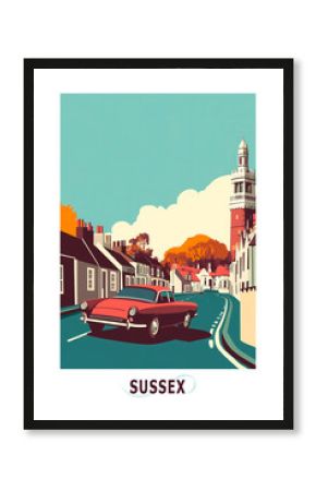 Sussex, England, UK county illustrated poster in retro style. Vintage travel booklet, brochure, postcard, print, cover with townscape street view