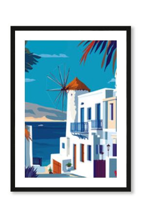Mykonos Greece Retro Travel Poster with Windmill and Sea View in Minimalist Style