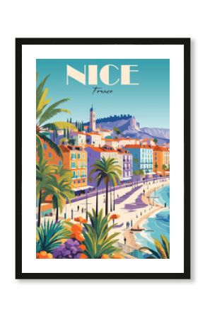 Nice, France travel destination poster in retro style. European summer vacation. Colorful vector art illustration