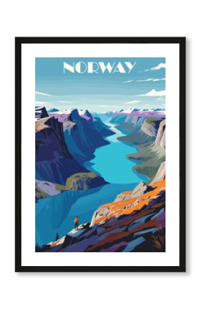 Retro travel poster of Norway featuring a breathtaking fjord landscape, capturing the country's natural beauty, dramatic cliffs, and serene waters in a vintage-inspired design.