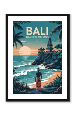 Bali, Indonesia travel destination poster in retro style. Vector art illustration