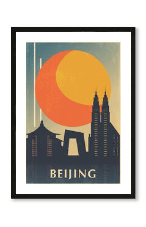 Beijing retro city poster with shapes of skyline, skyscrapers, landmarks. China vintage travel vector illustration, cityscape at sunrise, sunset