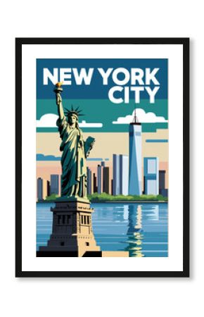 New York City travel destination poster in retro style. Famous cityscape vector art illustration in mid century modern style