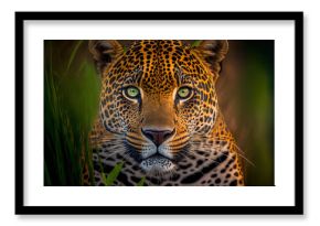 Close up portrait of a leopard. Dangerous predator in natural habitat. Wildlife scene. Digital ai art