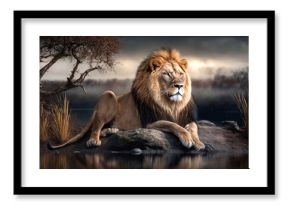 Majestic lion by the water. Generative AI