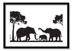 Silhouette of animals in the savannah. African landscape scene. Vector horizontal seamless tropical background with elephants, giraffes and lion. Black isolated silhouette