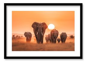  a herd of elephants walking across a dry grass field at sunset with the sun in the background and a few trees in the foreground. 