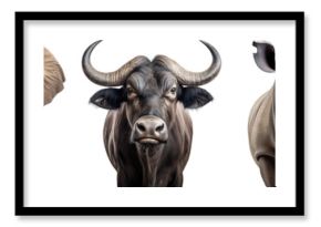 "Big five" collection, african animal bundle with portraits of a lion, elephant, african buffalo, rhinoceros and leopard isolated on a white background as transparent PNG