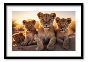a group of young small teenage lions curiously looking straight into the camera in the desert, ultra wide angle lens