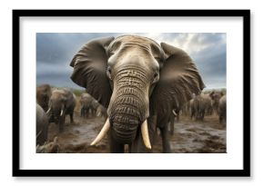 Generative AI illustration of herd of wild elephants walking on sandy ground of safari in Africa in cloudy day
