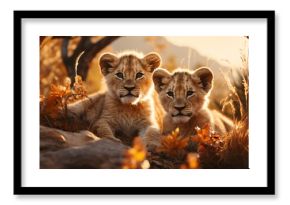 two lying baby lions in the evening sun of africa