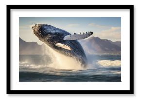 Humpback whale breaches off South Africa s east coast during winter migration With copyspace for text