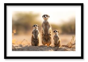 A family of meerkats standing sentinel in the arid deserts of Africa.