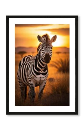 Zebra standing in the meadow before sunset