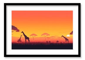 Wild giraffe reaching with long neck to eat from tall tree and red deer relax. sunset giraffe silhouette. African savannah.
