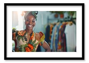 Fashion industry black woman and designer portrait of clothing tailor with business vision Smile startup and small business entrepreneur with happiness and business growth feeling work : Generative AI