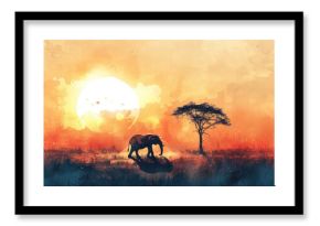 Watercolor painting depicting an elephant walking across the African savanna at sunset
