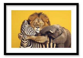 lion king smiling looking at camera and hugs his friends zebra and elephant on yellow background with copy space. concept of conservation wild African animals. welcome to africa cheerful fun banner