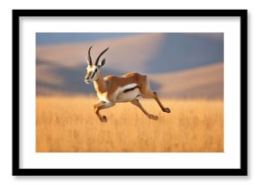 Elegant gazelle gallops through a golden field with a warm, soft-focus background