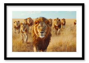 Male lions leading pride through savanna in National Park.