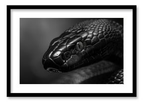 Close-Up of a Black Mamba Snake in Monochrome, Showcasing Intense Predator Gaze and Scales