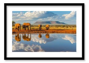 Elephants at a waterhole in Tsavo East National Park, Kenya, with their reflections visible in the water and the surrounding landscape.