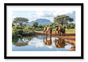 Elephants at a waterhole in Tsavo East National Park, Kenya, with their reflections visible in the water and the surrounding landscape.