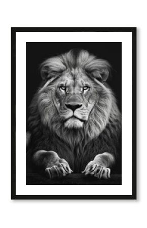 portrait of lion in black and white on dark background