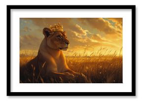 A regal lioness wearing a golden crown, sitting in a field of tall grass under a golden sky.