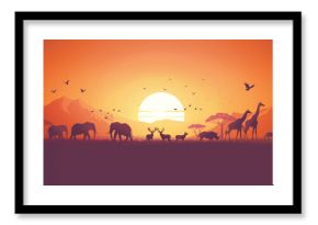  Animal Silhouettes in Orange Sunset African Landscape